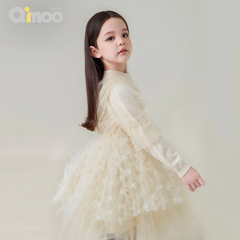 Qimoo 童装22秋冬新品女毛衣拼纱高定公主长袖连衣裙QYH4LC129A