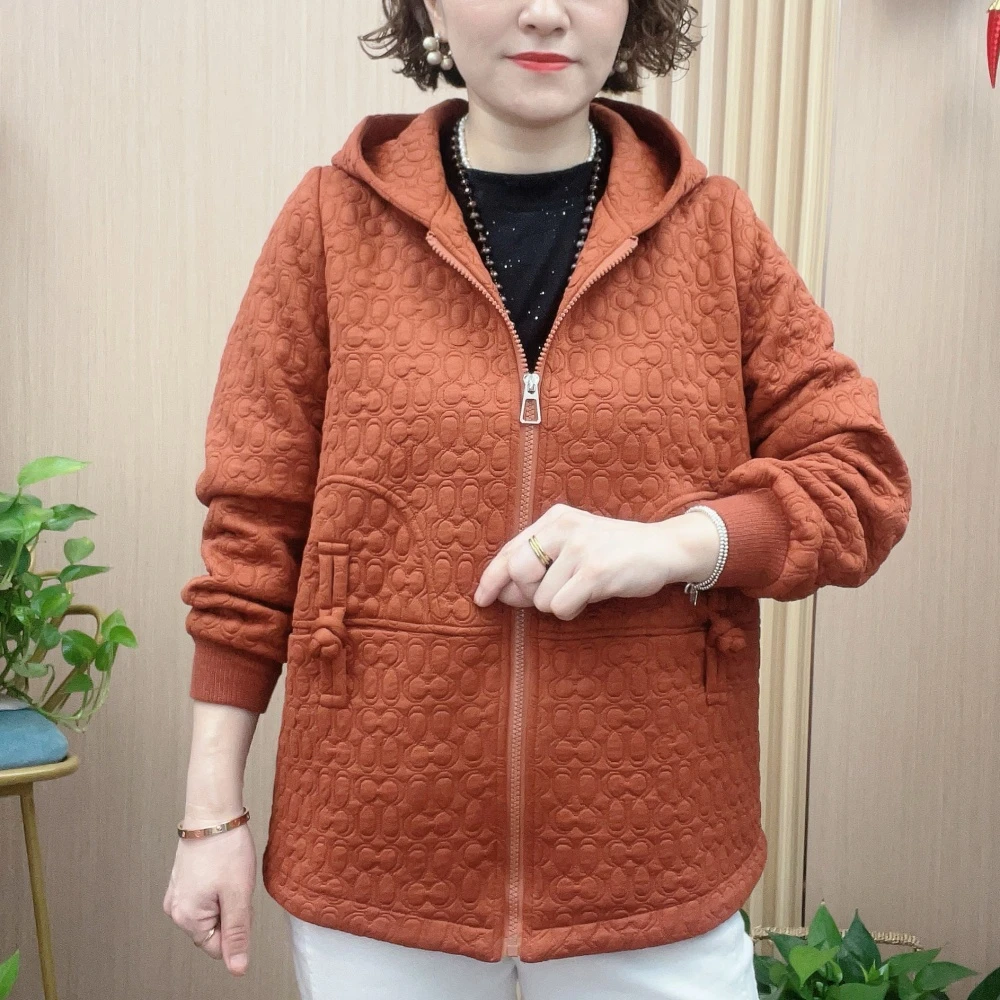 春秋季休闲连帽女士外套拉链盘扣美拉德宽松气质中老年上衣