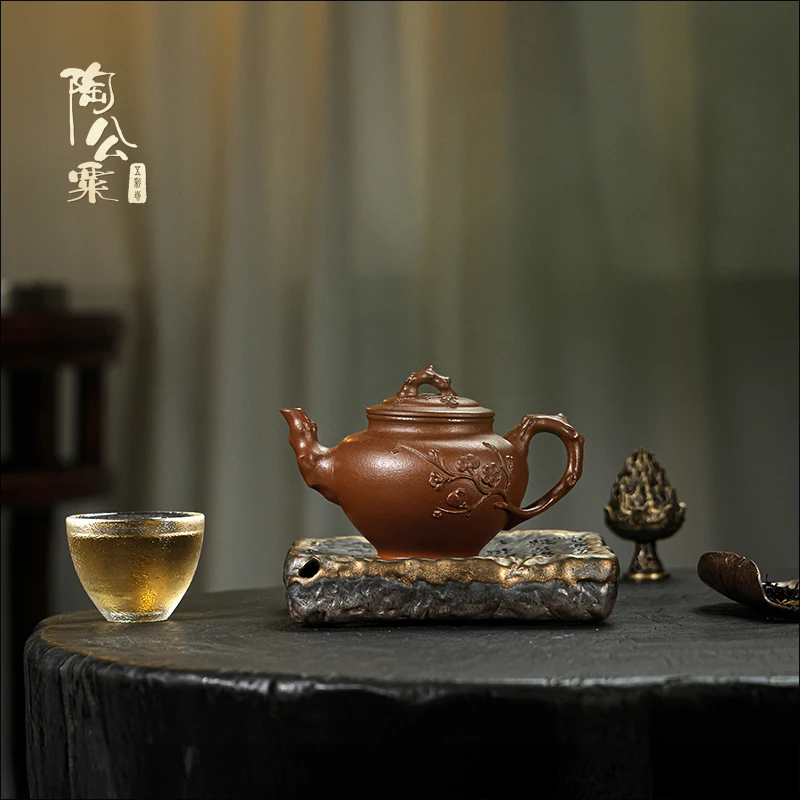 原矿石黄龙血砂《梅报春》张200cc手制精美圆壶紫砂壶茶具