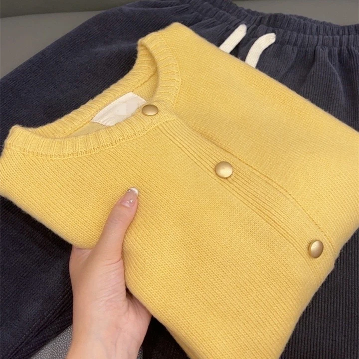 气质韩版毛衣针织衫纯色圆领百搭秋冬显瘦羊毛衫开衫女宽松洋气