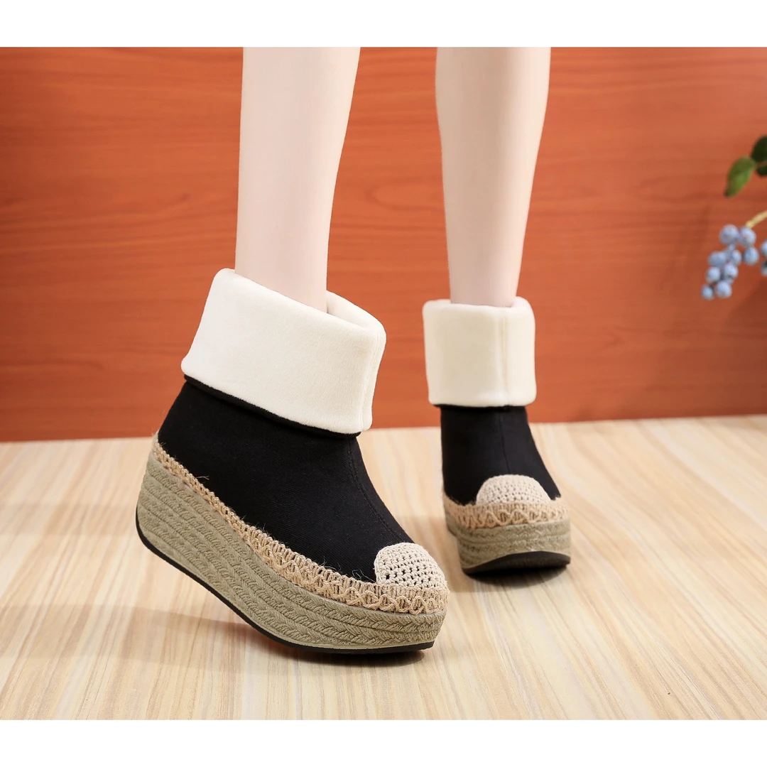 第三代鞋底 【汉诺依1618-19外翻毛边貂绒秋冬厚底休闲布鞋复古