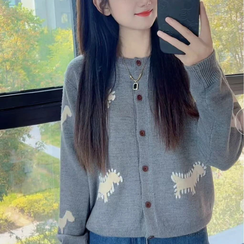 秋冬新款时尚百搭提花拼色手工缝线女士针织开衫