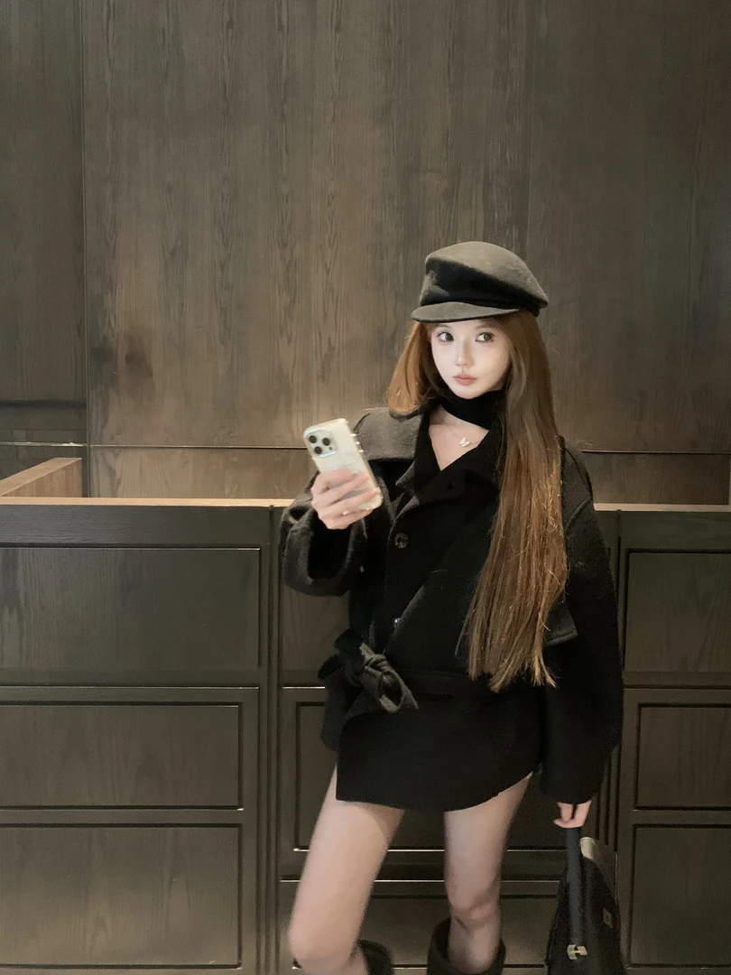 Yucii【金敏喜大衣】立领短款双排扣毛呢大衣外套女