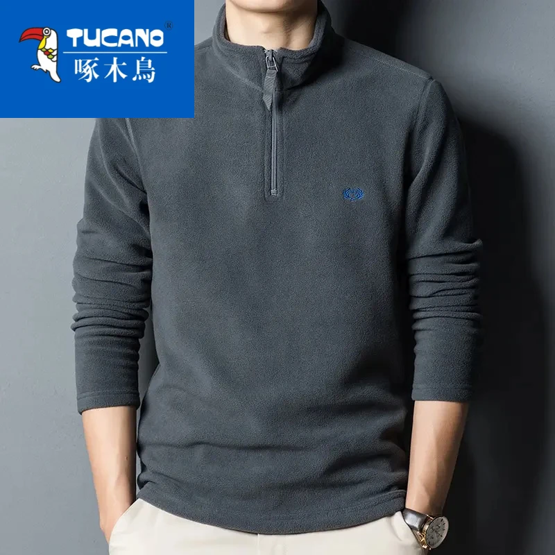 啄木鸟冬季男士卫衣抓绒衣摇粒绒冬季加厚毛衣纯色保暖半高领打底