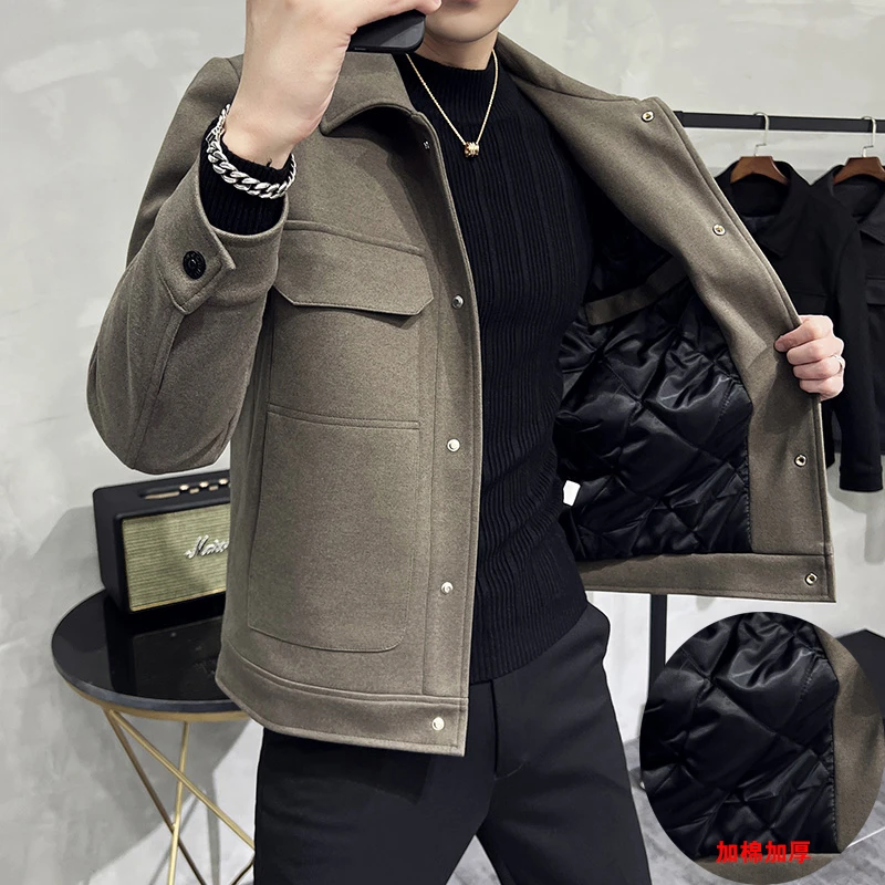 冬季加棉加厚保暖毛呢西服夹克男士修身帅气西服翻领夹克外套