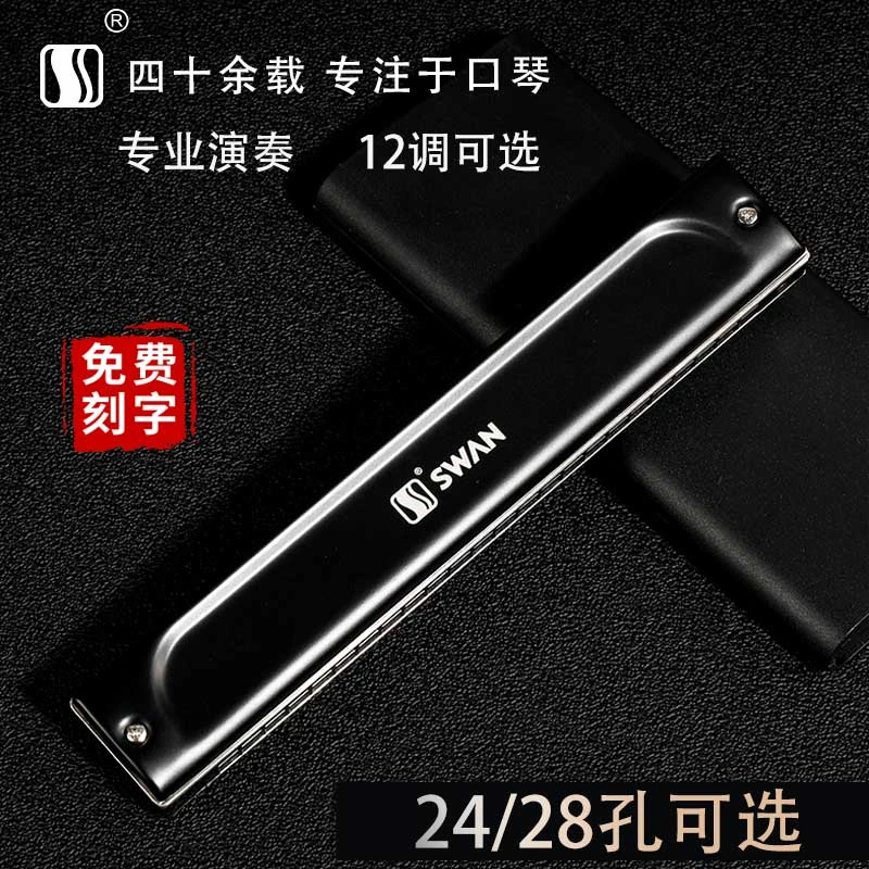 新款天鹅进口音簧24孔复音C调口琴28孔A/B/D/E/F/G调专业演奏乐器