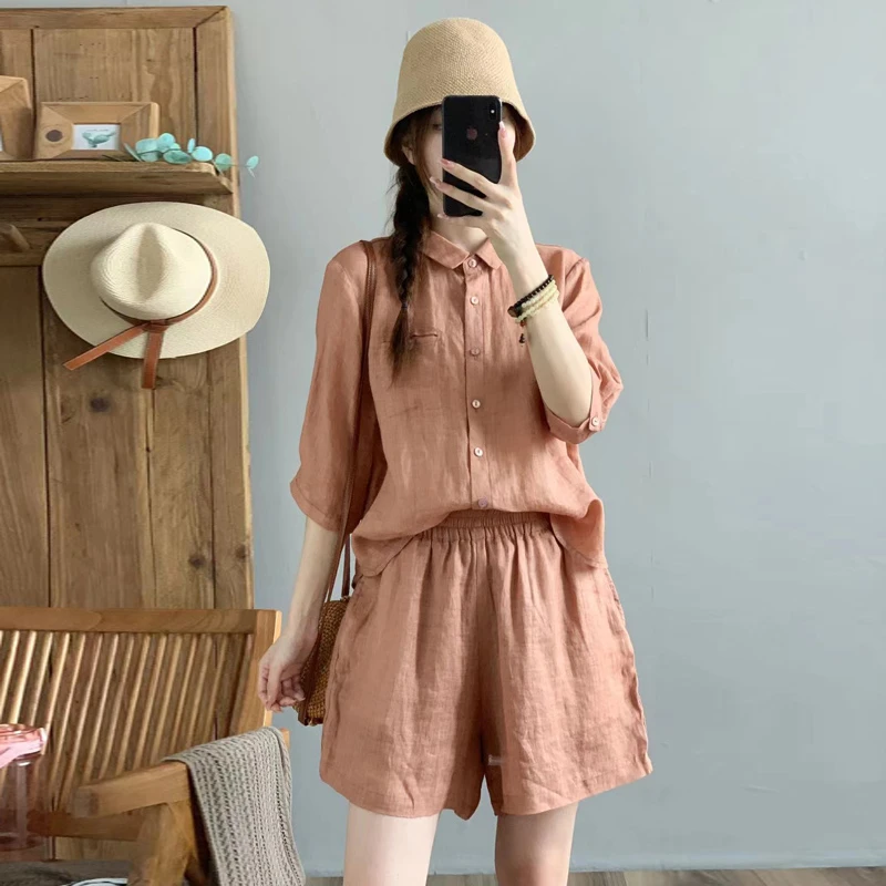 素心轻奢 夏季新款衬衫加短裤纯色一套套装