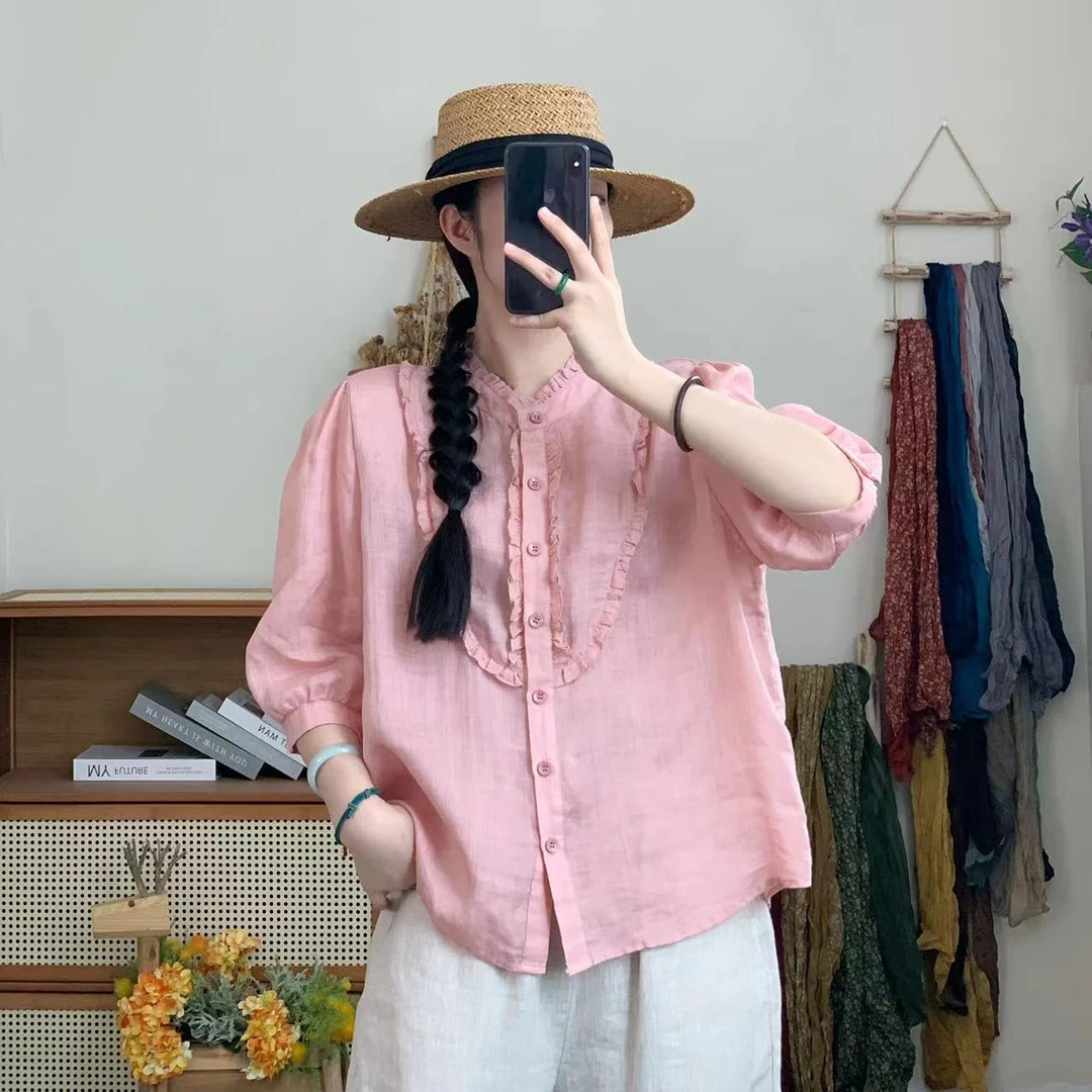 素心轻奢 薄款木耳边褶皱斜纹苎麻显瘦气质时尚百搭纯色衬衫