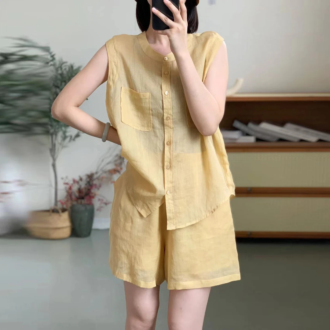 素心轻奢 苎麻无袖夏季清凉感穿搭时尚显瘦套装