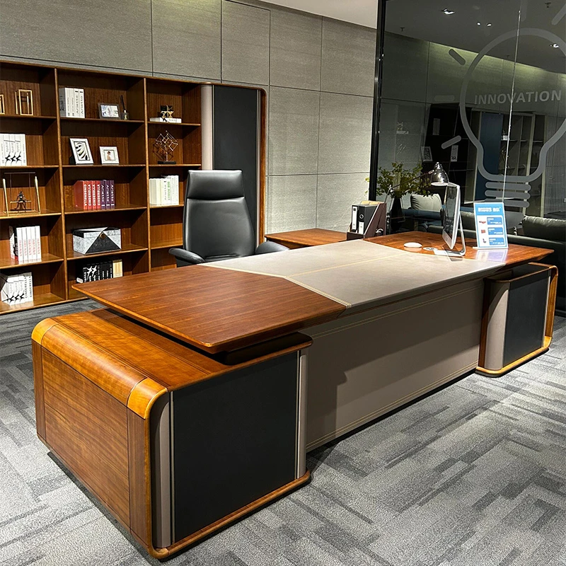 新中式实木办公桌简约现代轻奢高级感总经理办公室黑胡桃木老板桌