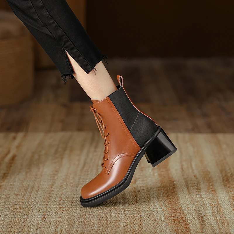 【L&T】【6CM】【里外全皮】秋冬季英伦风粗跟方头厚底系带短靴子