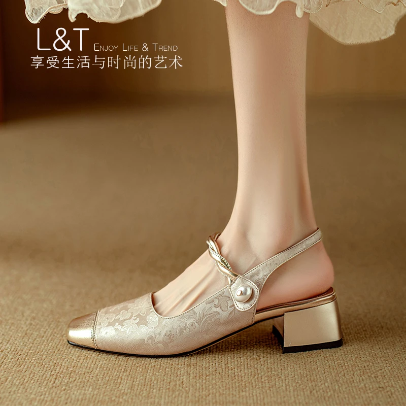 L&T粗跟方头气质百搭玛丽珍浅口后空凉鞋夏季一字带香槟色单鞋女