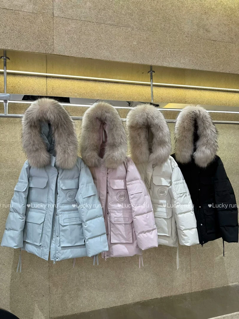 工装大毛领羽绒服女2024年冬新款御寒防风派克连帽白鸭绒外套