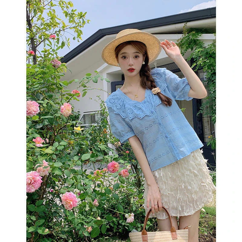 大码女装韩版甜美夏季蕾丝衫小清新纯色显瘦大码上衣