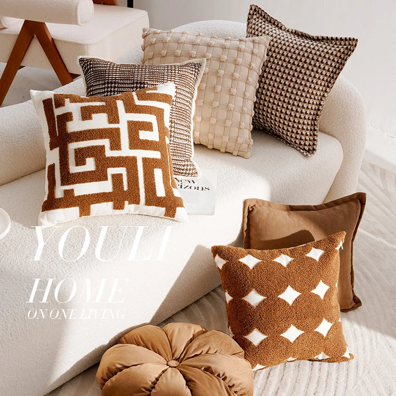 奶油色抱枕套高级复古风棕色法式打结沙发床上腰靠枕靠垫含芯飘窗