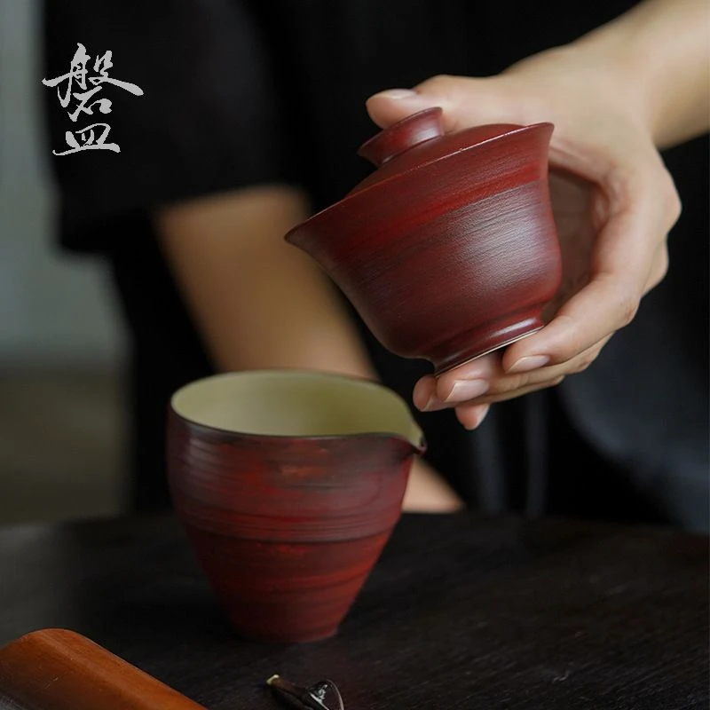 磐皿｜山楂红粉引手工粗陶盖碗茶壶复古泡茶碗壶承功夫茶茶杯茶碗