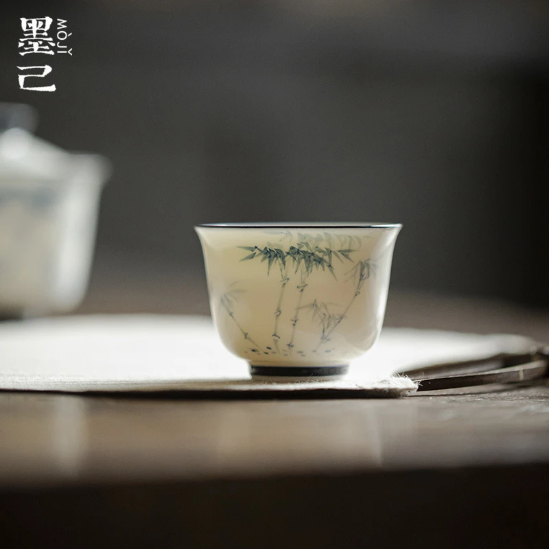 磐皿｜玉泥手绘竹子品茗杯青花釉下彩文人家用茶杯功夫茶单杯