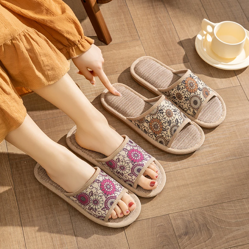 亚麻拖鞋女春夏家居家用室内防滑静音复古印花棉麻布凉拖鞋男春秋