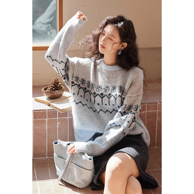 【柴碧云专属】谜秀软糯提花毛衣韩版雪花几何图案针织衫MXD55Z1031