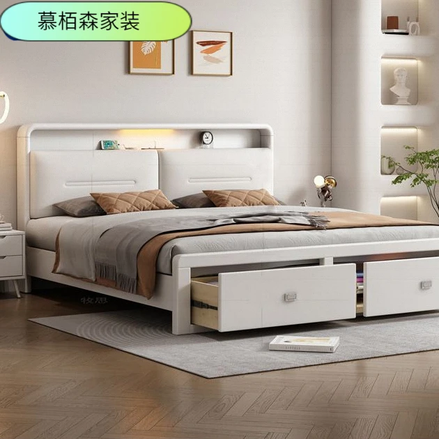 新款床头充电实木床家用白色北欧高箱储物实木床落地床卧室带抽屉