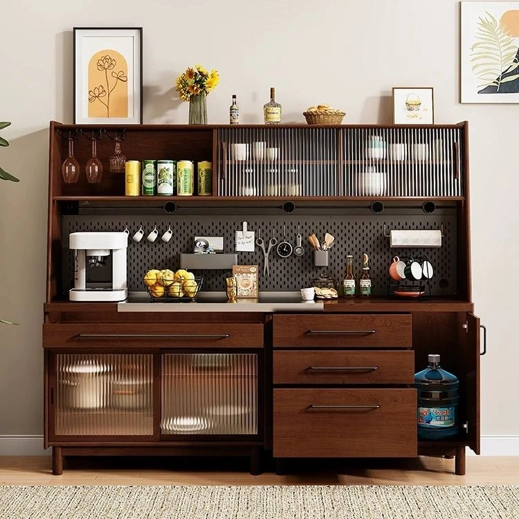 黑胡桃木色实木餐边柜靠墙一体柜子储物柜客厅家用中古高柜收纳柜