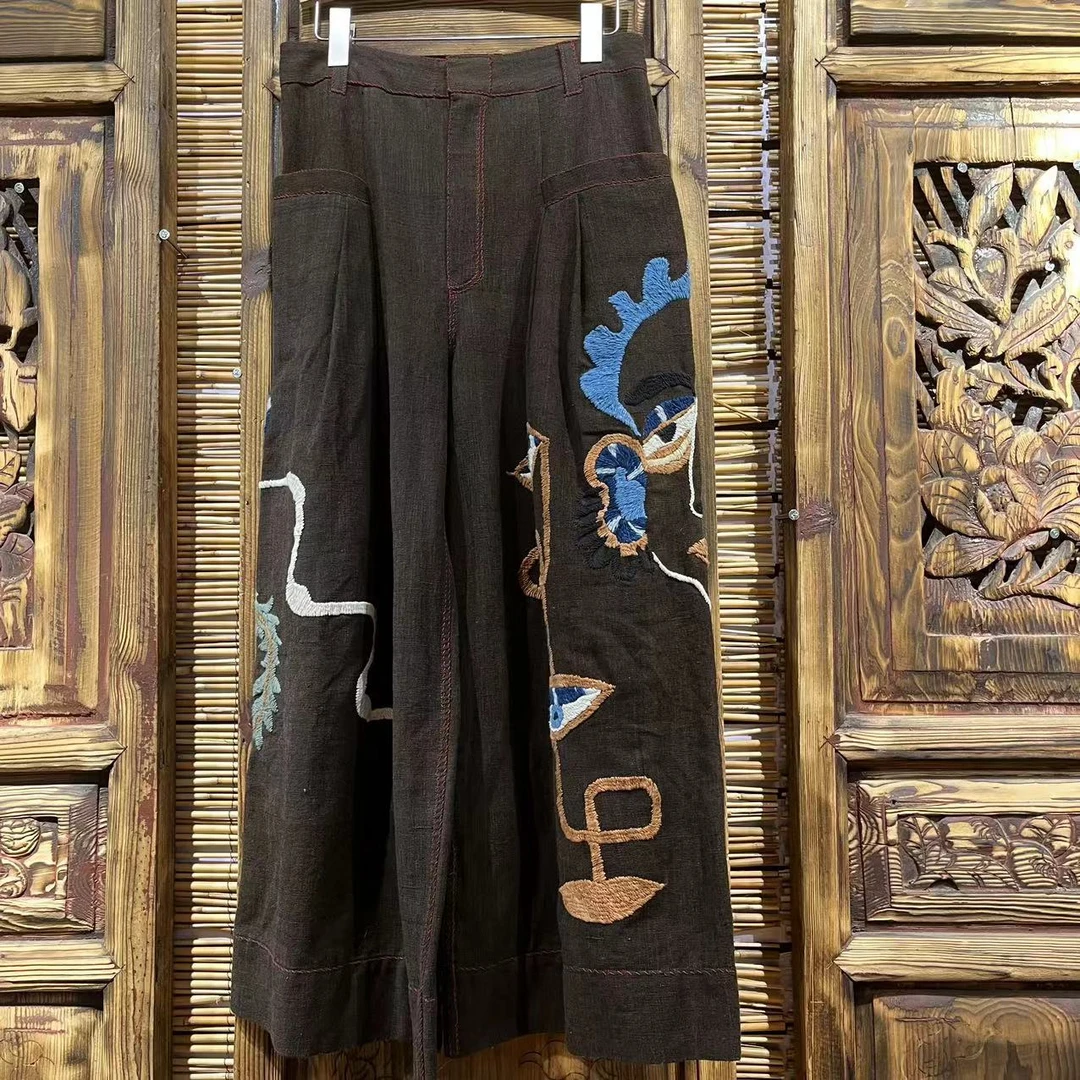 四两民族风刺绣休闲裤