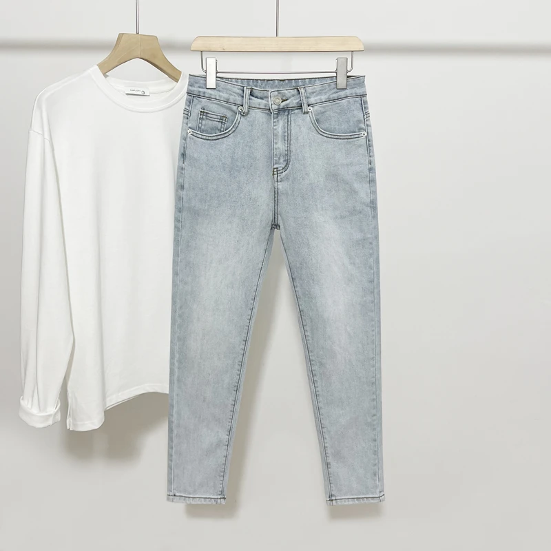 男士牛仔裤爆款高档新款弹力水洗浅色九分牛仔裤男款修身小脚裤子