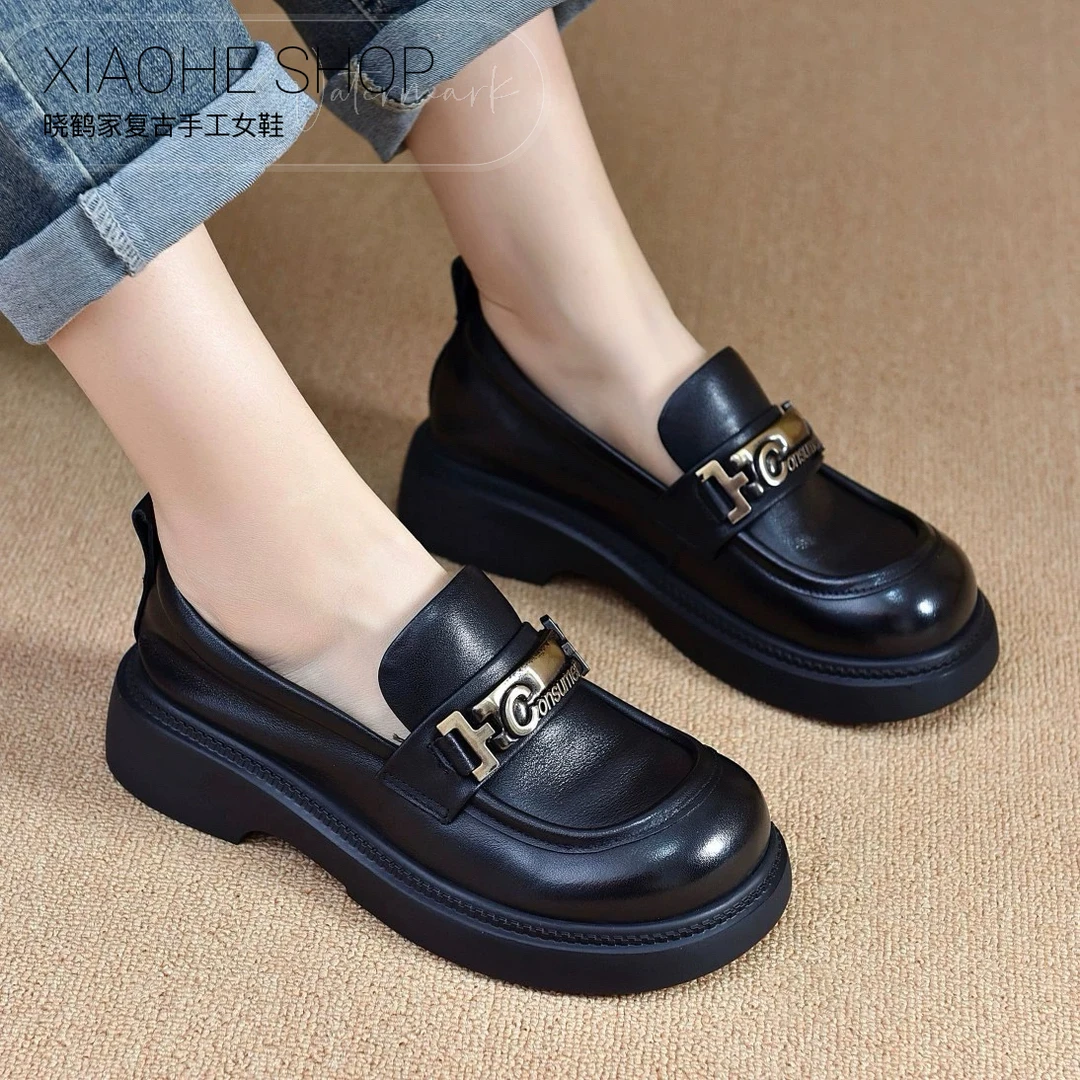 0332复古牛皮鞋女松糕增高厚底乐福鞋百搭春秋女时尚软底休闲黑色