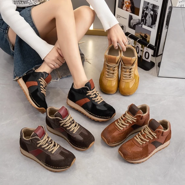 RS12-28秋季新款牛皮复古阿甘鞋拼色系带软底百搭女鞋秋季休闲鞋