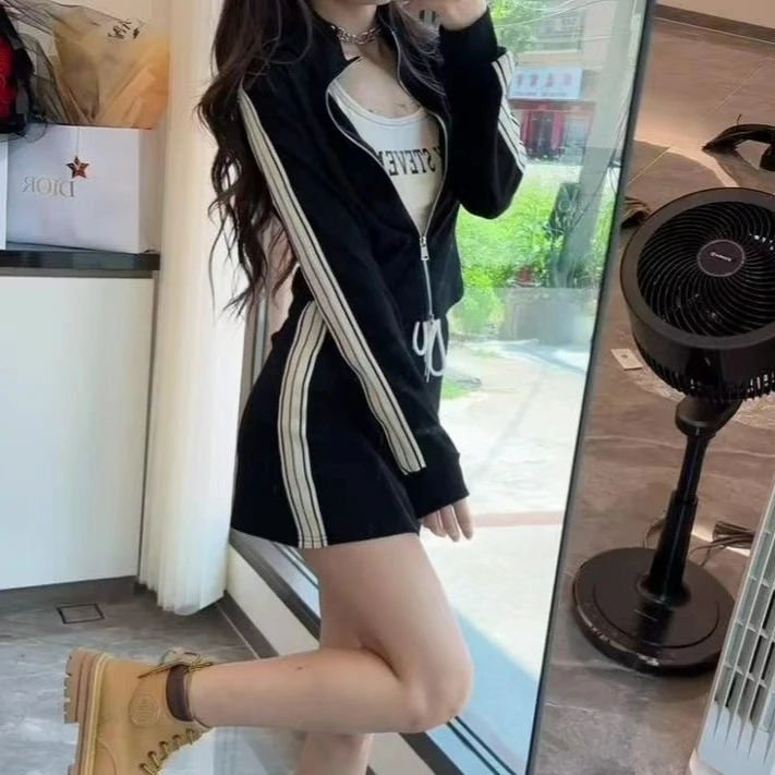 2022新款韩版气质显瘦拉链开衫米条边时尚百搭休闲棉裙套装两件套