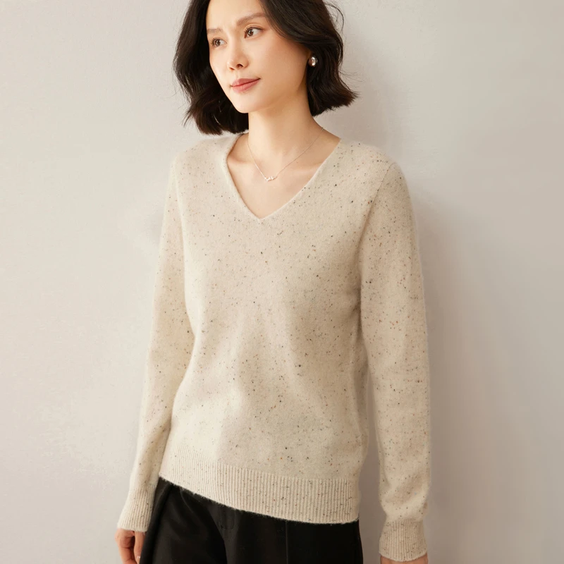 100纯羊毛宽松v领针织衫女秋冬厚款百搭洋气长袖软糯气质打底衫
