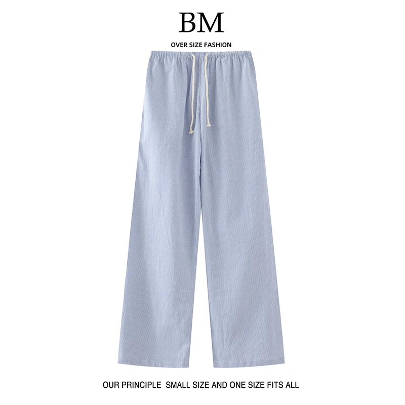 BM Fashion美式新款高腰条纹裤子bm小清新直筒裤百搭休闲阔腿裤女