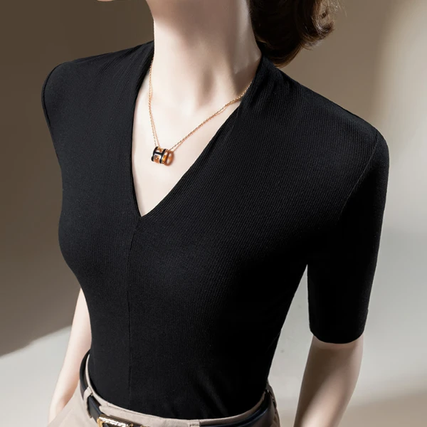 【TL4101】JS纯色v领气质中袖打底衫女内搭t恤五分袖时尚螺纹棉上衣