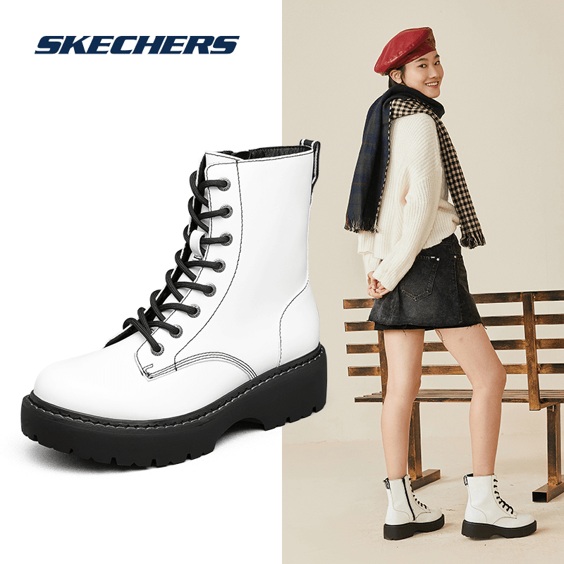 Skechers斯凯奇秋冬高帮马丁靴女时尚休闲厚底增高骑士靴子44381
