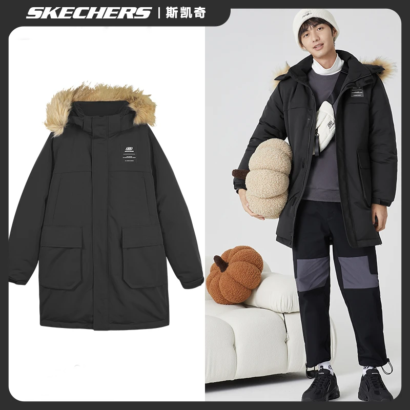 Skechers斯凯奇冬季新款保暖舒适男士中款连帽羽绒服外套L422M098