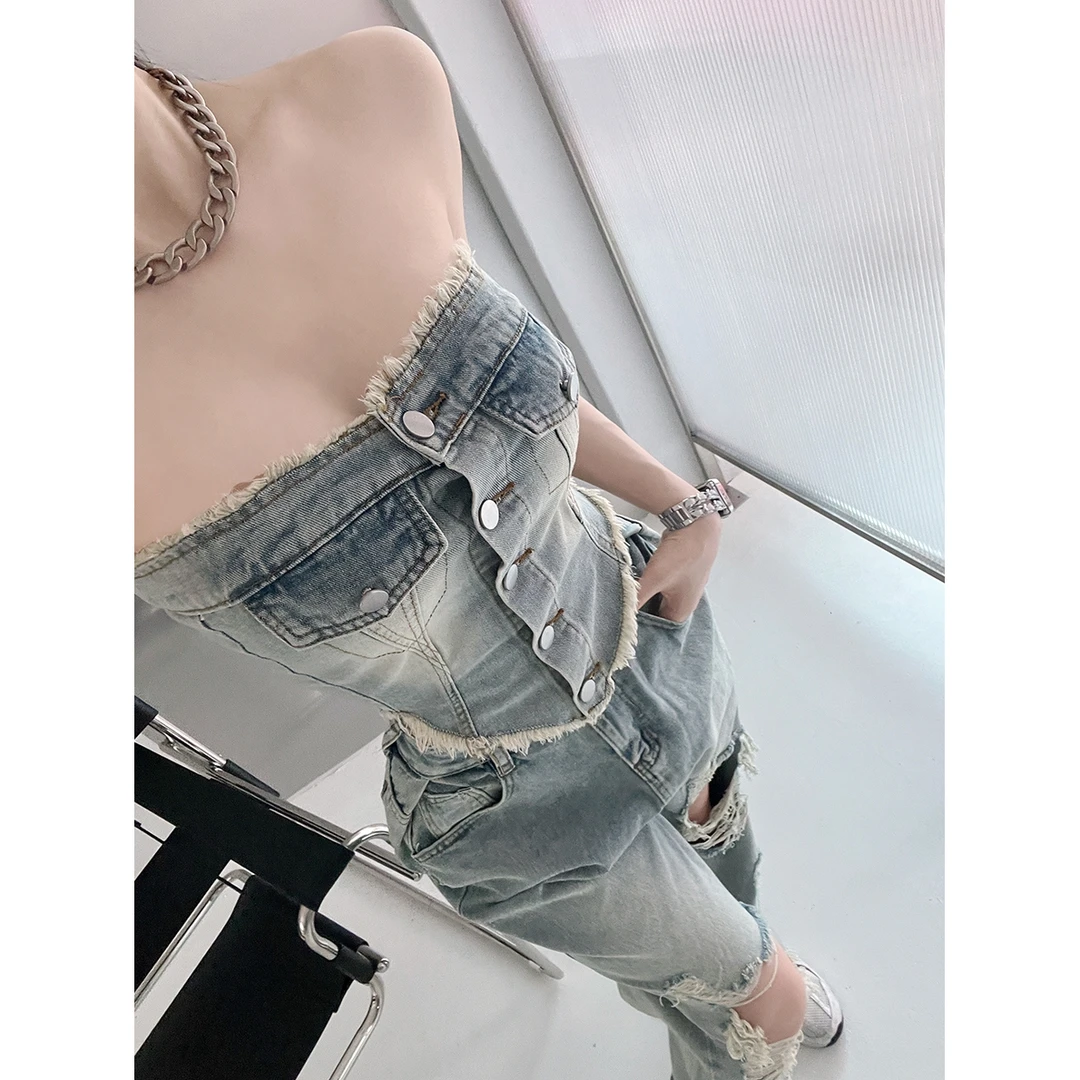 夏季新款辣妹韩版复古时髦炸街流苏露肩抹胸破洞阔腿牛仔长裤套装