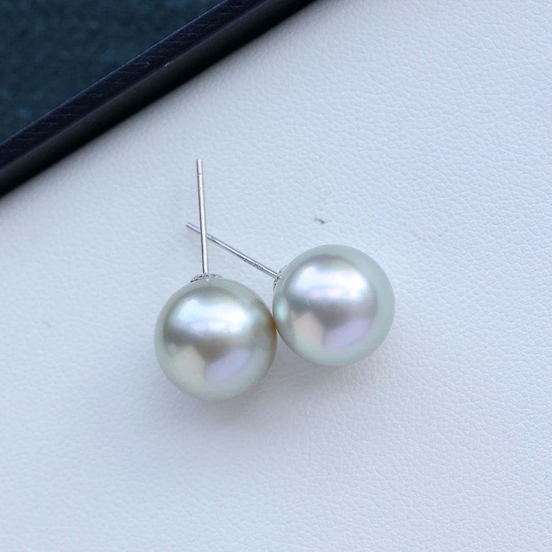 天然海水澳白澳灰珍珠耳钉12-13mm18k金小灯泡耳环（多样性发一对）