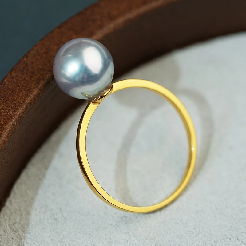 日本海水Akoya珍珠戒指 18K金镶嵌真多麻8.5-9mm戒圈多样性发一