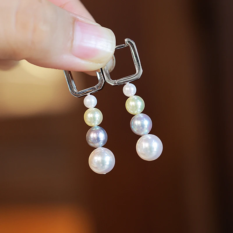 Akoya海水珍珠耳扣4-9mm渐变925银方扣耳环优雅长款*多样性发一对