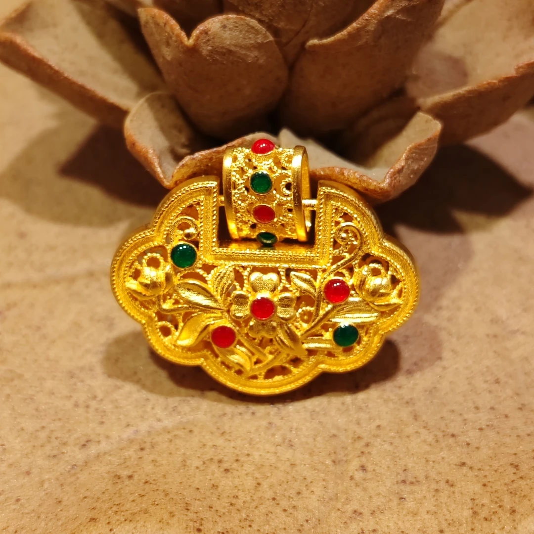 足金珐琅如意花丝锁包吊坠精致女士吊坠