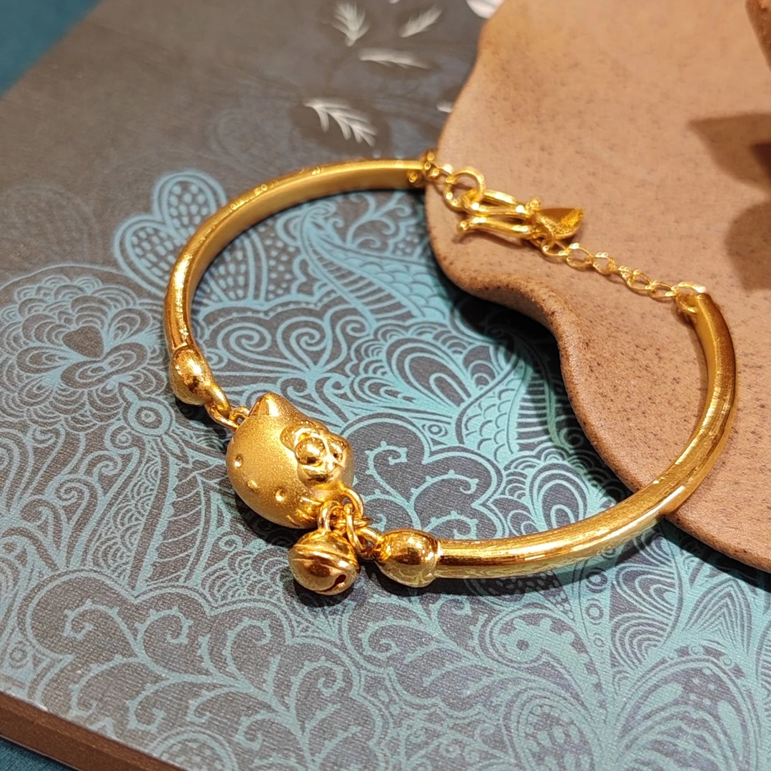 足金999猫猫铃铛手镯链女士精致手链轻奢