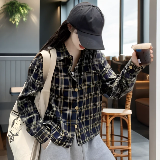 复古格子衬衫女短款外套秋季春秋新款时尚小众网红洋气炸街女装