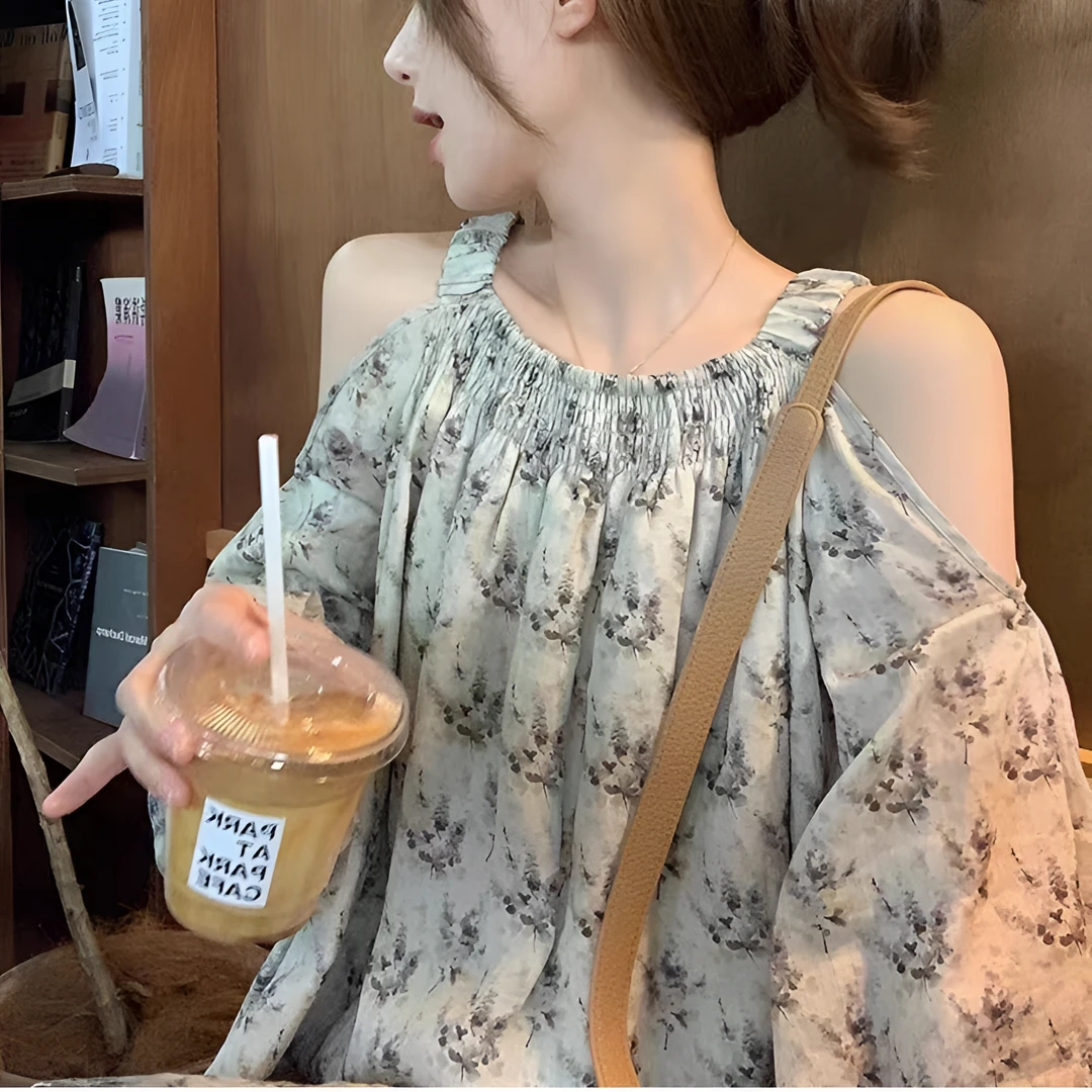 纯欲风小众碎花露肩女长袖宽松显瘦遮肉网红洋气炸街女装