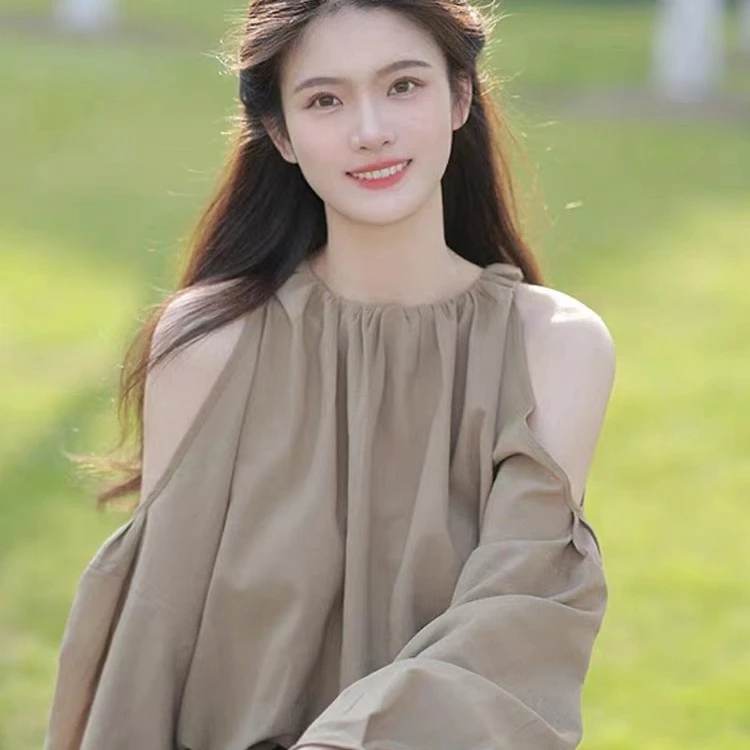 法式复古高级感露肩衬衣女春秋新款宽松简约气质别致衬衫上衣夏季