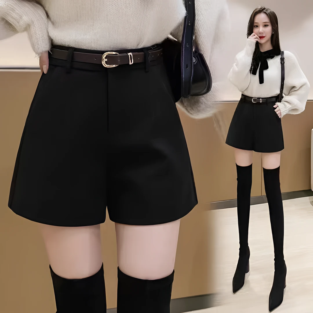 黑色气质毛呢女时尚百搭打底高腰网红洋气炸街女装短裤秋冬外穿