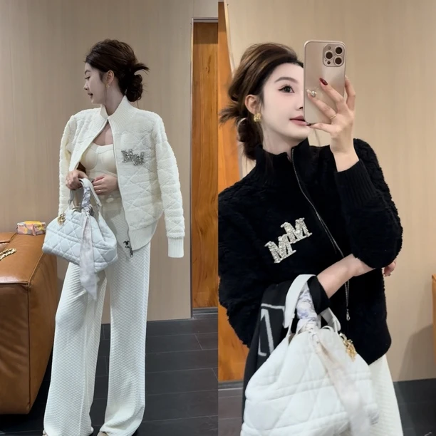 Damin/MM水钻提花百搭保暖针织毛衣外套