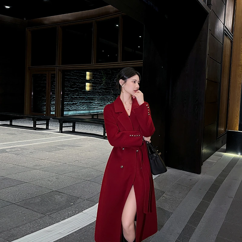 红色双面羊绒大衣女中长款2025冬季新款轻奢高端气质结婚毛呢外套