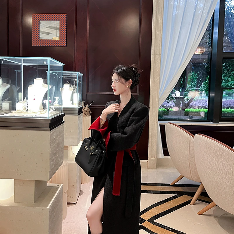 高端双面羊绒大衣女中长款2025秋冬新款韩版宽松撞色气质毛呢外套