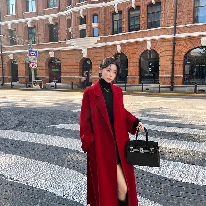 红色高端双面羊绒大衣女2025年秋冬新款宽松气质结婚穿毛呢子外套