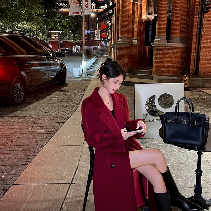 高端红色苏力羊绒大衣女中长款2025冬季新款气质双面毛呢子外套